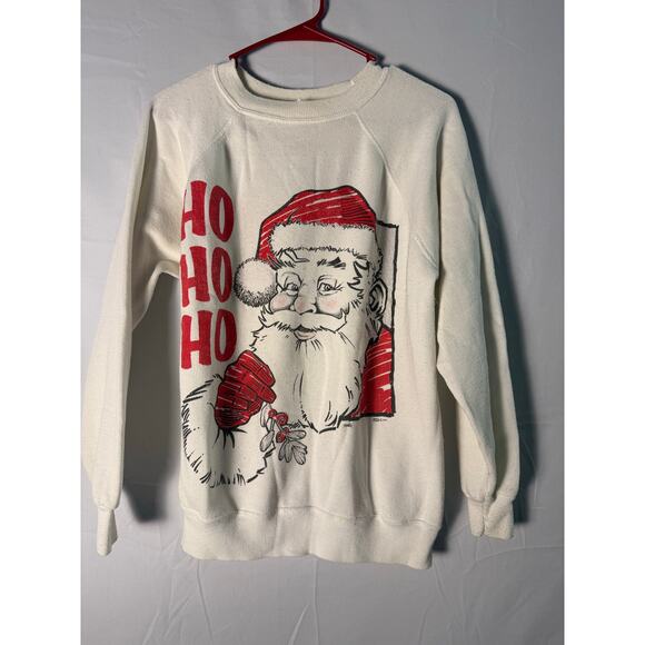 Hanes HOHOHO Santa Claus White Crewneck Pullover Sweatshirt Women's Large - Picture 1 of 3